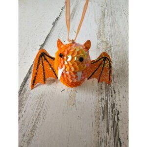 Pier 1 sequin glitter orange bat ornament Halloween vampire tree